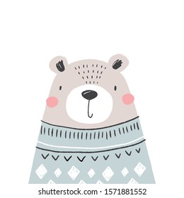 Cute hand drawn Christmas bear - vector poster. Great for designing baby clothes.