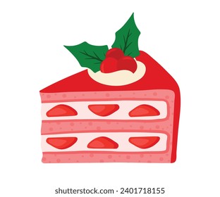 Cute hand drawn Christmas Cake Piece with holly berry fruits topping pastry sweet food dessert cartoon vector illustration isolated on white background