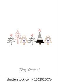 Cute hand drawn christmas card with doodle christmas trees on white background, vector