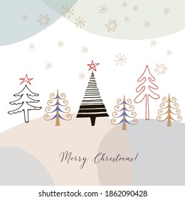 Cute hand drawn christmas card with doodle christmas trees on abstract colorful background, vector design concept