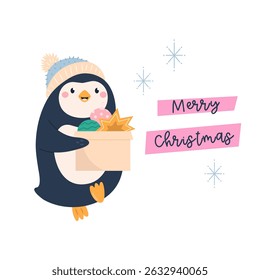 Cute Hand Drawn Christmas Card with Funny Penguin. Winter Holiday Illustration for Seasonal Greetings