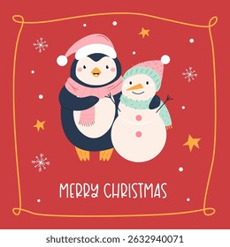 Cute Hand Drawn Christmas Card with Funny Caroler Penguin. Winter Holiday Illustration for Seasonal Greetings