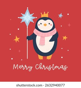 Cute Hand Drawn Christmas Card with Funny Caroler Penguin. Winter Holiday Illustration for Seasonal Greetings