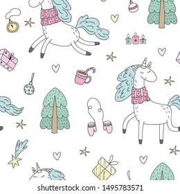 Cute hand drawn Christmas character unicorn. Christmas print with Unicorn. vector illustration. print for kids. cartoon print. Cute seamless pattern.