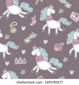Cute hand drawn Christmas character unicorn. Christmas print with Unicorn. vector illustration. print for kids. cartoon print. Cute seamless pattern.