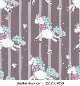 Cute hand drawn Christmas character unicorn. Christmas print with Unicorn. vector illustration. print for kids. cartoon print. Cute seamless pattern.
