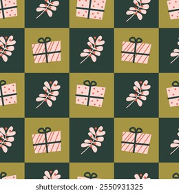 cute hand drawn christmas checkered seamless vector pattern background illustration with gift boxes and mistletoe