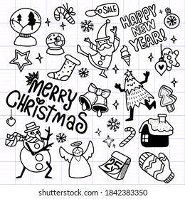 Cute hand drawn Christmas doodles,  set of Christmas design element in doodle style,Sketchy  hand drawn Doodle cartoon set of objects  on the Merry Christmas theme ,Each on a separate layer.