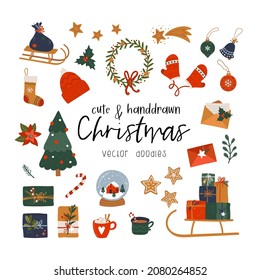 Cute hand drawn Christmas elements, collection of items, doodle, sketch, great for decoration, print, cards, wallpapers - vector design