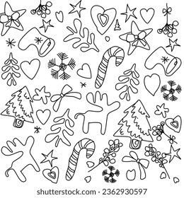 Cute hand drawn Christmas elements. New Year and Christmas doodle for greeting cards