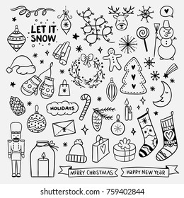 Cute hand drawn Christmas elements. New Year and Christmas doodle for greeting cards