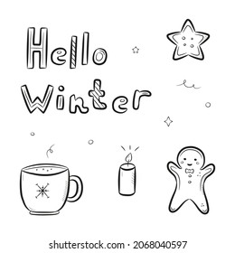 Cute hand drawn christmas gingerbread man, cookie, mug, candle and text. New year winter elements and lettering. Vector illustration isolated on white background. 