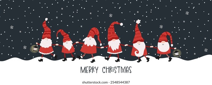 Cute hand drawn christmas gnomes with fun hats and boots, great for greetings cards, web banners, print designs