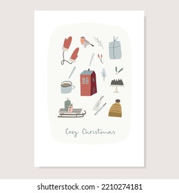 Cute hand drawn Christmas greeting card, invitation. Set of winter lifestyle and food icons. Knitted cap, gloves, gift boxes. Red house, finch bird and berries. Cup of coffee, pudding. Vector objects.