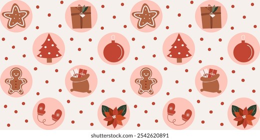 cute hand drawn christmas holiday cartoon horizontal seamless vector pattern background illustration with seasonal elements and red dots