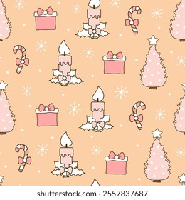 cute hand drawn christmas holiday seamless vector pattern background illustration with christmas tree, candles with holly, gift boxes, snowflakes and candy cane