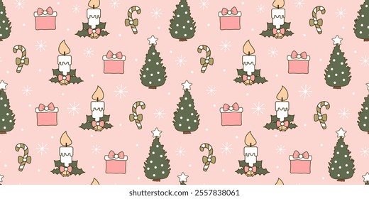 cute hand drawn christmas holiday horizontal seamless vector pattern background illustration with seasonal elements and snowflakes