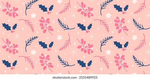 Cute hand drawn christmas holidays seamless vector pattern background illustration with berries, stars, mistletoe and snowflakes