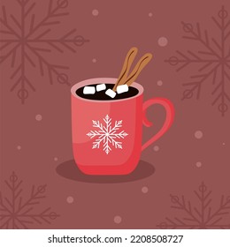 Cute hand drawn christmas illustration of hot chocolate cup. Mug of hot chocolate with marshmallows, red with a snowflake. Can be used as a Christmas card, poster or print. Vector illustration eps10