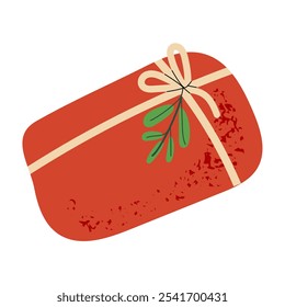 Cute hand drawn Christmas and New Year's gift 
box. Holiday present wrapped in festive paper wrapping. Flat vector illustration isolated on white background
