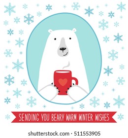 Cute Hand Drawn Christmas And New Year Card With Polar Bear And Hand Written Text Sending You Beary Warm Winter Wishes On Snowy Background