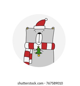 Cute hand drawn Christmas and New Year card with polar bear. Cartoon style vector illustration.
