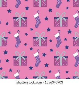 Cute hand drawn Christmas  pattern background with presents and stockings. Perfect for christmas stationary, textile,  gift wrapping and home decor.