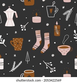 Cute hand drawn Christmas pattern with cups, fir tree branches, twigs, candles and socks. Merry Christmas and Happy New Year template.