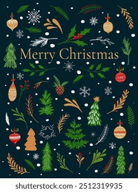 Cute hand drawn Christmas poster. Gold, green, red, white colors. Bow, Christmas ball, fir tree, branch, berries, milestone, snowflakes, many design elements for New Year and Christmas winter cards.