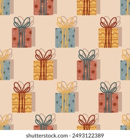 Cute hand drawn Christmas presents theme seamless vector pattern. Winter holidays illustration. Fun background with gift boxes for wrapping paper, packaging, fabric, wallpaper, textile, cover, apparel