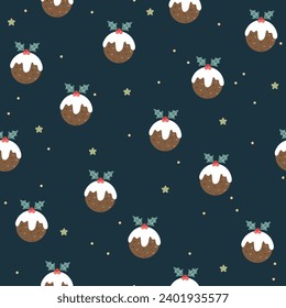 Cute hand drawn Christmas pudding seamless vector pattern. Fun background for wrapping paper, textile, fabric, wallpaper, gift, packaging, apparel.