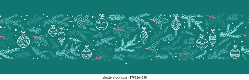 Cute hand drawn Christmas seamless garland, horizontal banner with branches and decoration. Great for card, banners, wallpaper - vector design