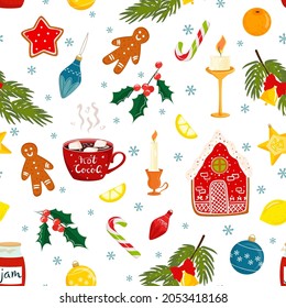 Cute hand drawn Christmas seamless pattern with gingerbread house, gingerbread man, lollipops, cocoa, candles, Christmas decorations, stars and toys on a white background