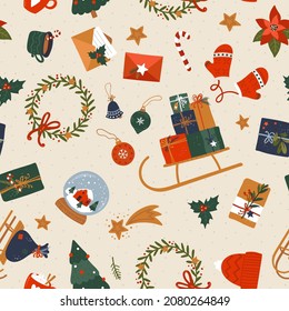 Cute hand drawn Christmas seamless pattern, collection of items, doodle, sketch, great for textiles, wrapping, banners, wallpapers, background - vector design