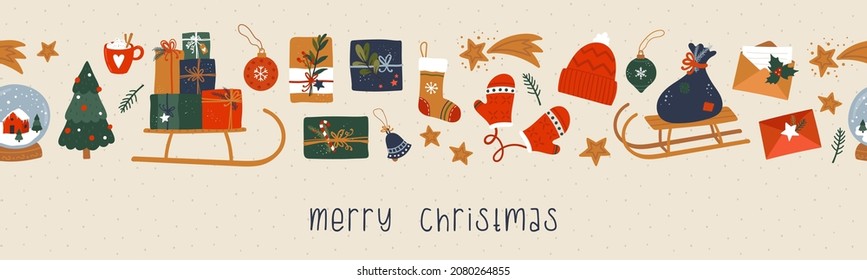 Cute hand drawn Christmas seamless pattern, collection of items, doodle, sketch, great for textiles, wrapping, banners, wallpapers, background - vector design