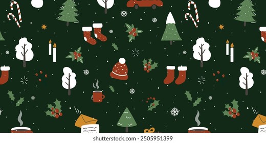 Cute hand drawn Christmas seamless pattern with decoration and branches,berries,great for banners,wallpapers,wrapping.New Year elements gifts,car,hat,fir tree,snowman,candy,cocoa,snowflakes and snow.