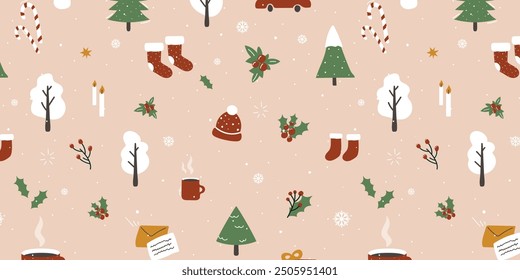 Cute hand drawn Christmas seamless pattern with decoration and branches,berries,great for banners,wallpapers,wrapping.New Year elements gifts,car,hat,fir tree,snowman,candy,cocoa,snowflakes and snow.