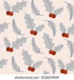 cute hand drawn christmas seamless vector pattern background illustration with mistletoes and fir branches