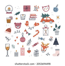 Cute hand drawn Christmas set - cap, candles, tree, gift, mittens, deer. Vector illustration. Cozy winter elements collection.