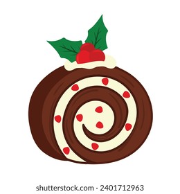 Cute hand drawn Christmas Swiss Roll Cake Slice Piece with topping holly berry pastry sweet food dessert cartoon vector illustration isolated on white background for birthday party