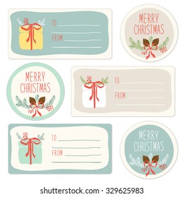 Cute hand drawn Christmas tags and labels with fir tree branches and thin hand written font