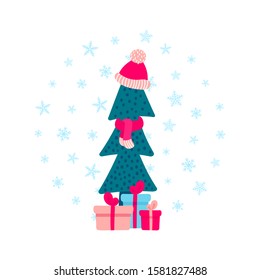 Cute hand drawn Christmas tree with hat, scarf, gifts and snowflakes around isolated on white. Kid stylized spruce, winter holidays fir concept. New Year Vector illustration for print, design, decor