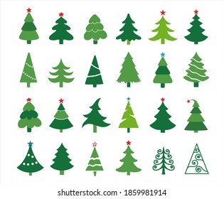 Cute Hand drawn Christmas tree icons set isolated on white background