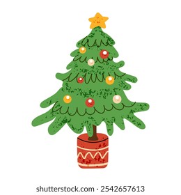 Cute hand drawn Christmas tree clipart. Winter traditional New Year flat vector illustrations isolated on white