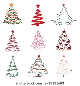 Nettes handgezeichnetes Weihnachtsbaum-Set. Girly Green Pines mit rosa Ribbons, Bögen und Herzen. Doodle Vektor Illustration für Urlaub Geschenk-Tags.