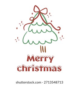 Lindo árbol de Navidad dibujado a mano con gran arco rojo. Tipografía de Navidades alegres con texto de nieve. Ilustración vectorial Doodle simple para tarjetas de felicitación.
