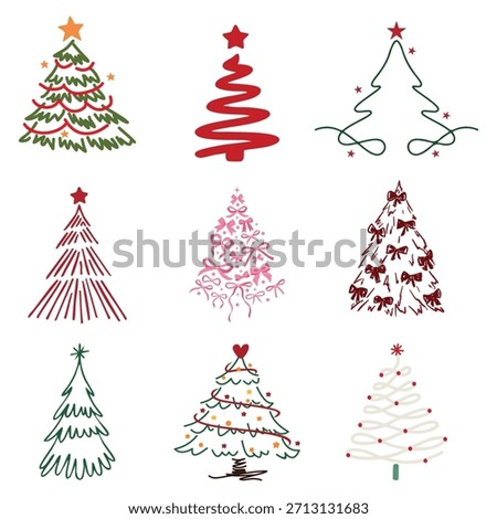 Cute Hand Drawn Christmas Tree Set. Girly Green Pines with Pink Ribbons, Bows and Hearts. Doodle Vector Illustration for Holiday Gift Tags.