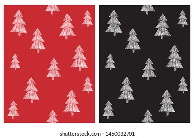 Cute Hand Drawn Christmas Trees Seamless Vector Patterns. Irregular Sketched Trees Isolated on a Red and Black Background. Winter Forest Vector Illustration. Infantile Style Abstract Woods Print.