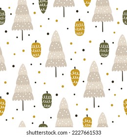 Cute hand drawn Christmas trees for wrapping paper or fabric. Seamless pattern with cute winter decorations for wrapping paper for Christmas