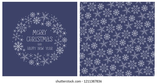 Cute Hand Drawn Christmas Vector Card. White Snowflakes and Hand Written Letters. Merry Christmas and Happy New Year. Dark Blue Background. Round Shape Frame made of Snowflakes. Xmas Card.